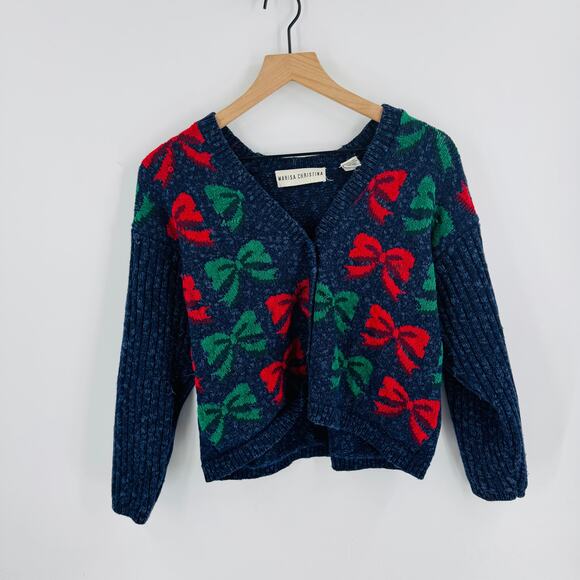 Marisa Christina Vintage Navy Red Green Bow Knit Cardigan Sweater Holiday Medium - Picture 6 of 6